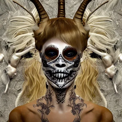 Image similar to champagne blonde lady changeling mythical satyr, humanoid with goat horns and goat legs, mid - waist self - portrait, perfect symmetry, intricate, dia de los muertos, skulls and flowers mask, aztec ultra detailed feathered dress 4 k resolution, octane rendering, ultra realistic, photo realism, beeple, 2 0 mm