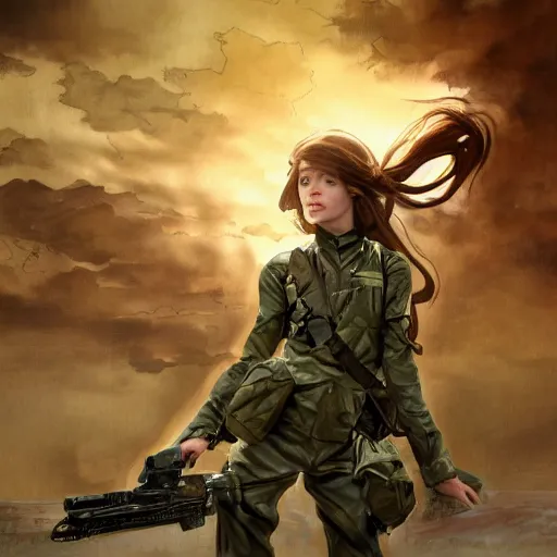 Prompt: soldier girl, green eyes, ground explosion, anime style, long hair, hair down, symmetrical facial features, under heavy fire, hyper realistic, pale skin, 4 k, rule of thirds, extreme detail, detailed drawing, trending artstation, hd, fantasy, d & d, realistic lighting, by alphonse mucha, greg rutkowski, sharp focus, backlit, war