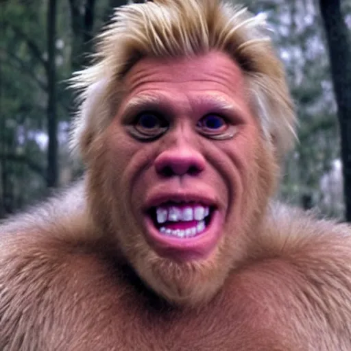 Image similar to gary busey as bigfoot, fullbody, cctv footage