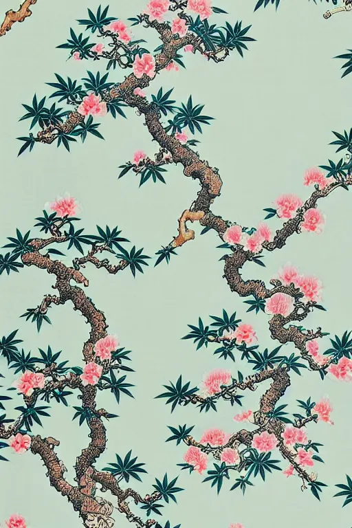 Prompt: Chinoiserie floral bonsai wallpaper by James Jean