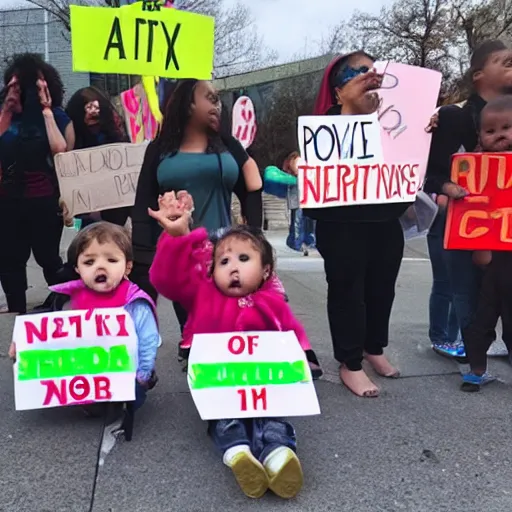 Image similar to babies protesting in front of a daycare center