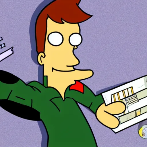 Image similar to fry from futurama holding out his money angrily in the take my money meme, hyper realistic, 8 k, cinematic lighting, sharp focus, 8 k,