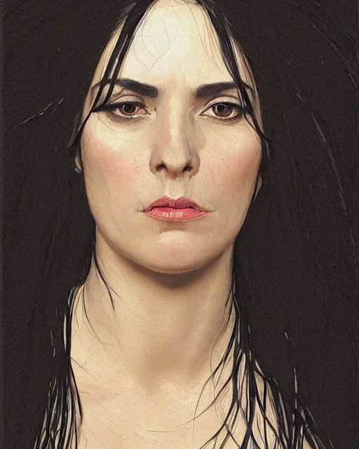 Image similar to portrait of a tall 4 0 - year - old woman with thin lips, long, lush black hair gathered on the head, and thick eyebrows, wearing in black clothes, aristocratic appearance, hyper realistic face, beautiful eyes, close up, fantasy art, in the style of greg rutkowski, intricate, alphonse mucha, hyper detailed, smooth