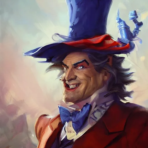 Image similar to greg manchess portrait painting of partially armored mad hatter from alice in wonderland as overwatch character, wacky, medium shot, asymmetrical, profile picture, organic painting, sunny day, matte painting, bold shapes, hard edges, street art, trending on artstation, by huang guangjian and gil elvgren and jesper ejsing