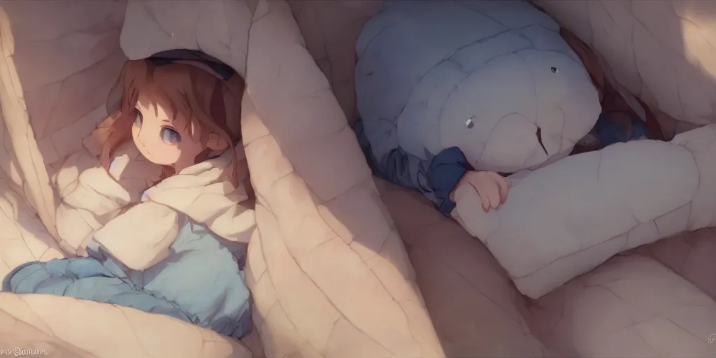 Image similar to a brunnete girl with blue eyes and puffy cheeks lying happy in her bed, close up shot from the top, anime art, Greg Rutkowski, studio ghibli, dramatic lighting