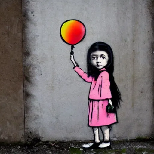 Prompt: bansky street art of small girl holding a balloon.