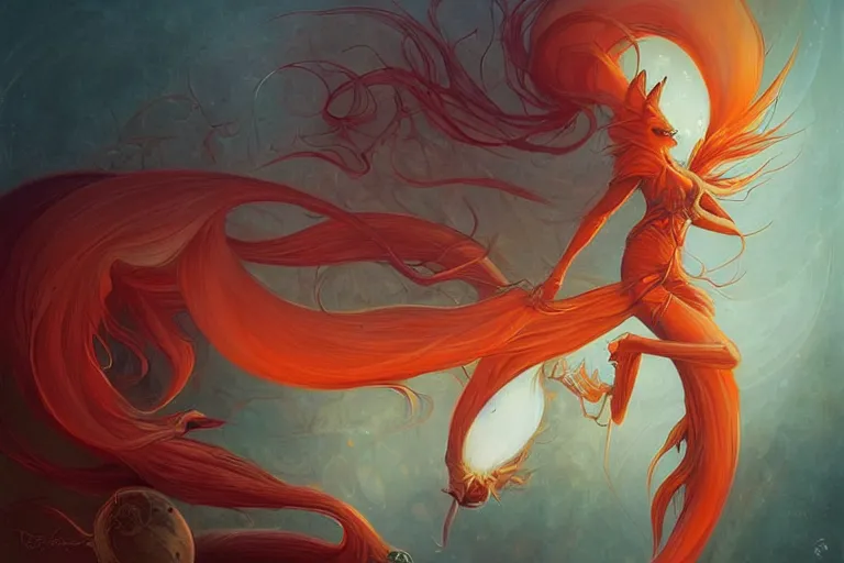 Prompt: prompt A beautiful red orange kumiho, nine fox tails, Peter Mohrbacher