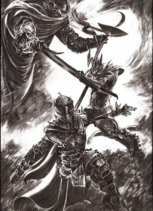 Prompt: templar knight fighting a demon, by kentaro miura