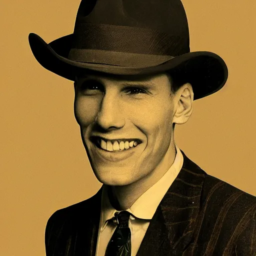 Image similar to A photograph portrait of Jerma985 wearing a suit with and fedora in the 1950s, taken in the early 1950s, grainy, taken on a 1950s Kodak Camera, realistic, hyperrealistic, very realistic, highly detailed, very detailed, extremely detailed, detailed, digital art, trending on artstation