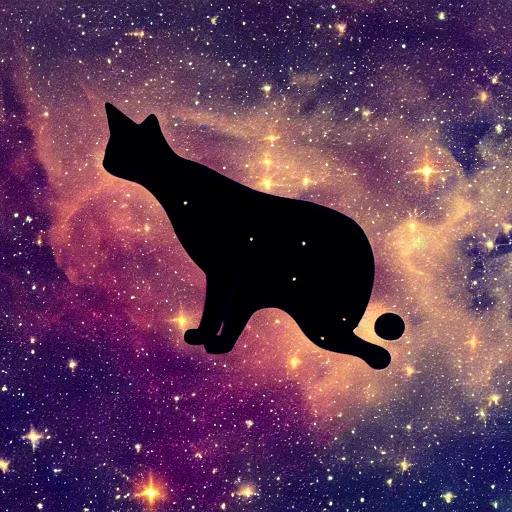 Image similar to a constellation of stars in the shape of a housecat, night sky, nebula in background