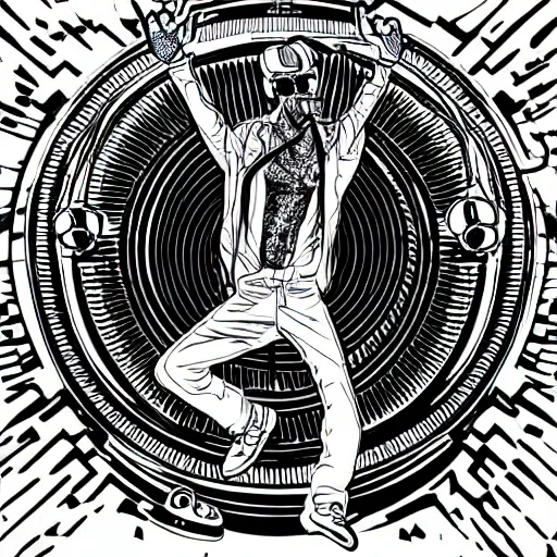 Image similar to svg sticker of a Dancing-Alex-Grey-Psychedelic-Rave-Man, at a rave, spinning records, giant headphones rocking out, wearing headphones, huge speakers, dancing, rave, DJ, spinning records, digital art, amazing composition, rule-of-thirds, award-winning, trending on artstation, featured on deviantart