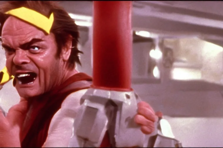 Prompt: Jack Nicholson plays Pikachu Terminator, scene where his inner exoskeleton is visible and his eye glows red, still from the film