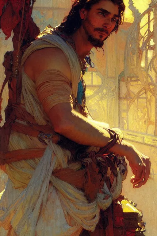 Image similar to attractive man, rome, cool colors, painting by gaston bussiere, craig mullins, greg rutkowski, alphonse mucha