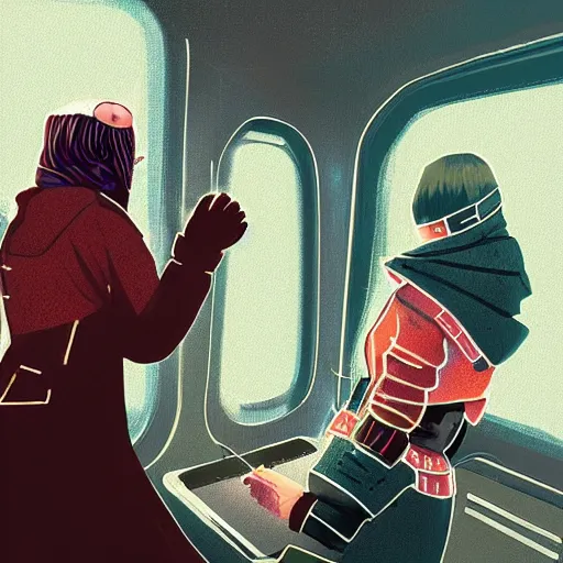 Image similar to fight between grandmas in the train moscow-ryazan, cyberpunk, neon, concept art