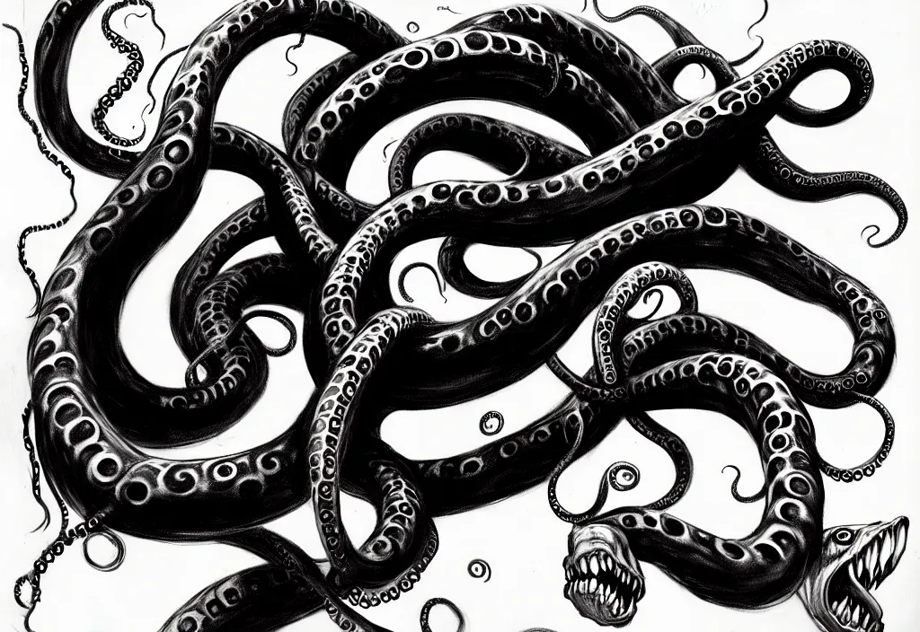 Image similar to underwater tentacle painting spiraling inward by Greg Manchess, Art Directed by Jeremy Jarvis; Deep sea horror; gallery painting; teeth and eyes; black ink; fine line work; epic pencil sketch trending on artstation; Charcoal Tattoo; concept art; epic cinema post landscape illustration