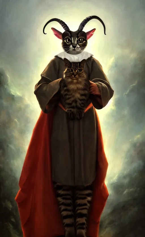 Image similar to a bipedal cat that has goat horns, anthropomorphic cat that is wearing robes, oil painting, by diego velazquez, dnd, character reveal, cosmic, magical, fog, noble, full body portrait, intricate, extremely detailed, cult, ritual, 4 k, 8 k