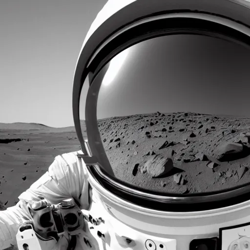 Image similar to extremely detailed photo of carl sagan looking through visor of spacesuit, mars rover in background, detailed face