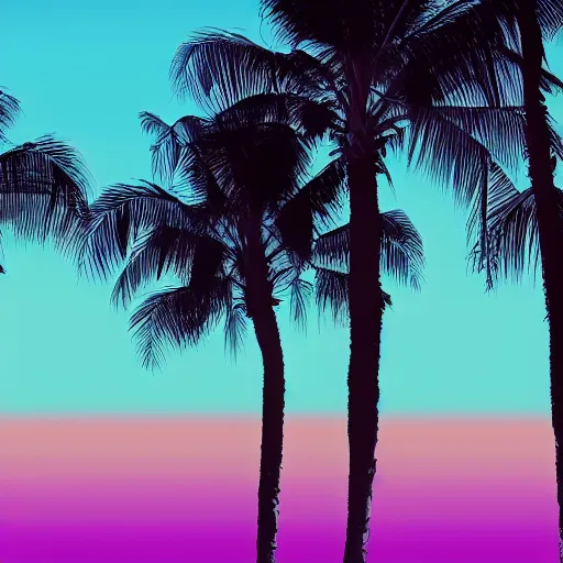 Prompt: hotel california, motel, swimmingpool, sunset, palms, beach, sunset, vaporwave, pink, blue, green, purple, aesthetic.