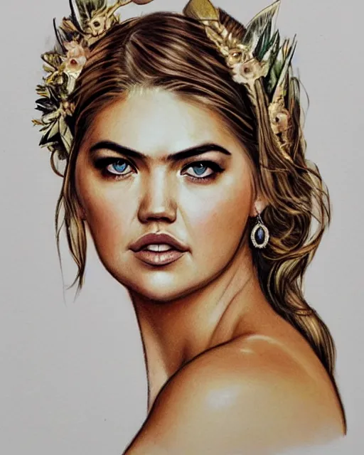 Image similar to realism tattoo sketch of kate upton as a beautiful greek goddess aphrodite with piercing eyes wearing a laurel wreath and triangle earrings, in the style of greg rutkowski, amazing detail