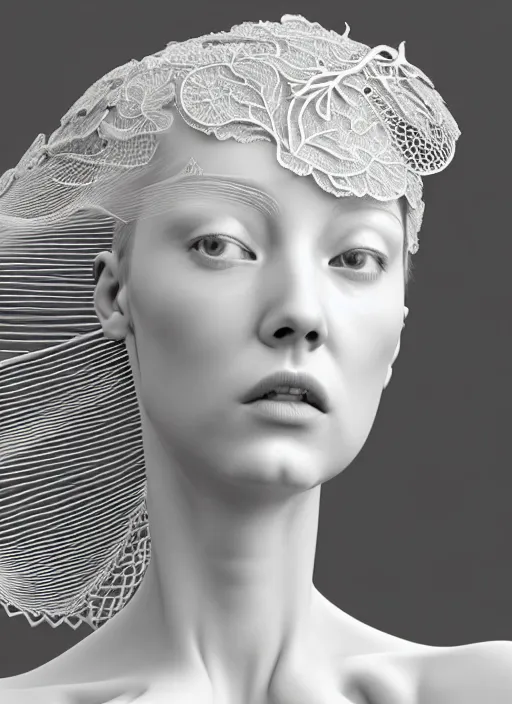 Image similar to complex 3d render ultra detailed of a beautiful porcelain profile young woman face, biomechanical cyborg, 150 mm lens, beautiful studio soft light, rim light, silver white gold red details, magnolia big monochromatic lemon leaves and stems, roots, fine foliage lace, mesh wire, Alexander Mcqueen high fashion haute couture, art nouveau fashion embroidered, intricate details, hyper realistic, ultra detailed, mandelbrot fractal, anatomical, facial muscles, cable wires, microchip, elegant, octane render, H.R. Giger style, black eyes, plump lips, volumetric lighting, 8k post-production, trending on Artstation