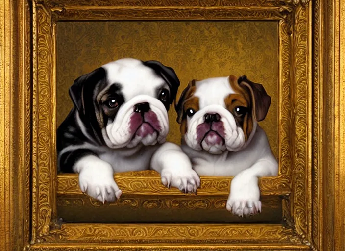 Prompt: baroque rococo painting The Royal Bulldog portrait Greg Hildebrandt high detail cute puppy