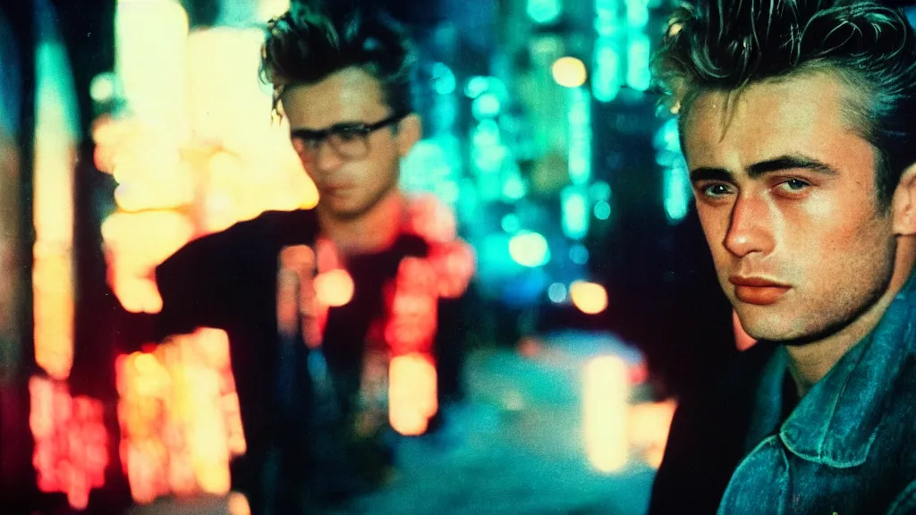 Prompt: close up portrait of James Dean in a cyberpunk cityscape with neon lights, Cinestill 800t film photo