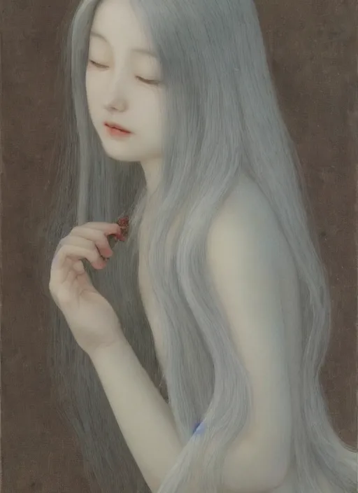 Image similar to thin young wan angel, silver hair so long, pale!, long silver hair, silver angel wings, smooth skin, wan adorable korean face, silver hair!!, style of fernand khnopff and lucien levy - dhurmer, oil on canvas, 1 8 6 2, 4 k resolution, aesthetic!,