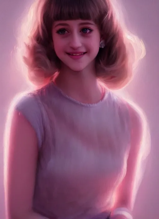 Image similar to portrait of teenage lili reinhart with fluffy bangs, smiling kindly, bangs, 1 9 6 0 s, ponytail, fluffy bangs and ponytail, intricate, elegant, glowing lights, highly detailed, digital painting, artstation, concept art, smooth, sharp focus, illustration, art by wlop, mars ravelo and greg rutkowski