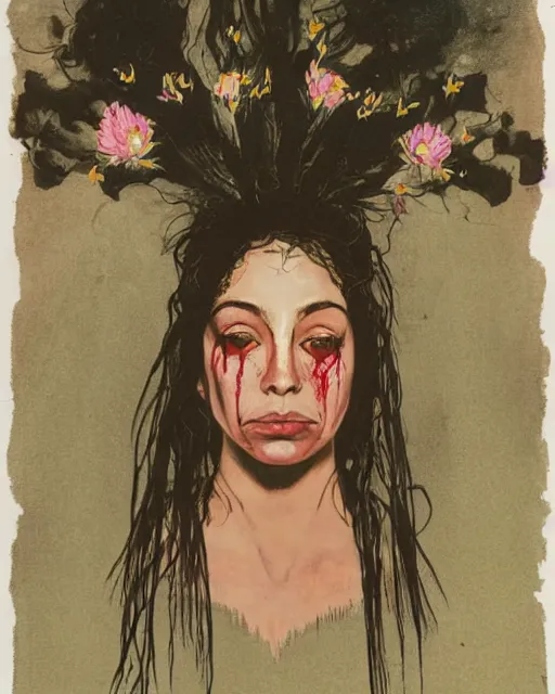 Prompt: a beautiful but sinister ethnically ambiguous woman in layers of fear, with haunted eyes and wild hair, 1 9 7 0 s, seventies, woodland, a little blood, wildflowers, moonlight showing injuries, delicate embellishments, painterly, offset printing technique, by brom, robert henri, walter popp
