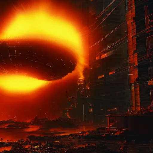 Image similar to a black hole is destroying a gothic cyberpunk City, catastrophic, fire and explosions, the feeling of dread, photorealistic, octane render, unreal engine