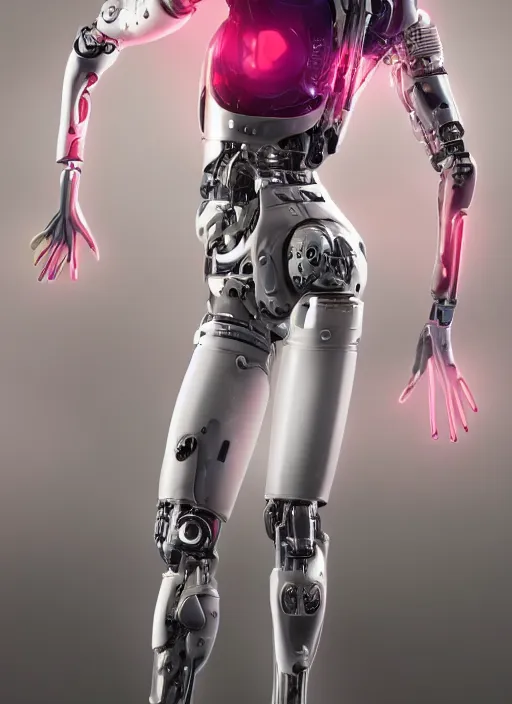 Image similar to photorealistic detailed full body picture of a female cyborg, pretty face with arm and legs, neon lights, white suit, humanoid, extreme, uhdr, book called the most influental cyborg in 2 0 5 0, fine details, highly detailed, intricate, smooth sharp focus