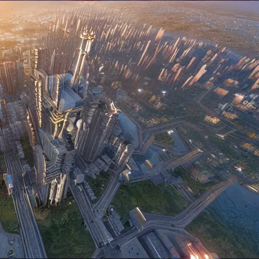 Image similar to city on jupiter, get a bird's eye view, fantasy, unreal engine, octane render, very detail