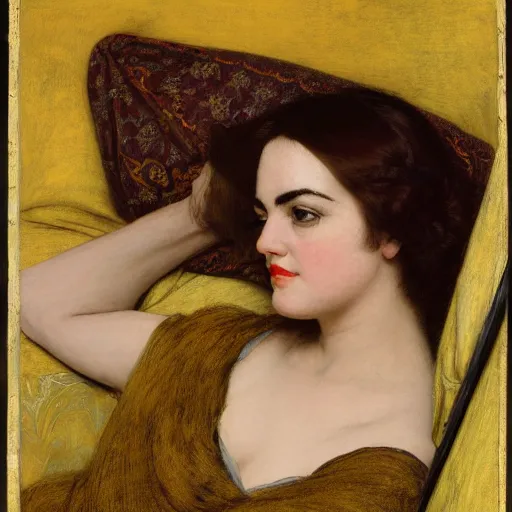 Image similar to portrait reclining on bed, hybrid of judy garland and camilla belle, aged 2 5, brown fringe, wide shot, yellow ochre ornate medieval dress, john william waterhouse, kilian eng, rosetti, john everett millais, william holman hunt, william morris, 4 k