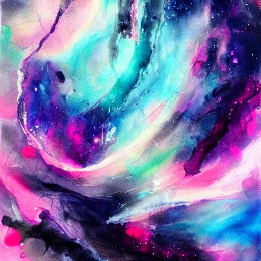 Prompt: abstract ink and acrylic painting, pouring, sprays, nebulae colors, black dark blue purple and pink color scheme, curves, starfield, artstation, pinterest