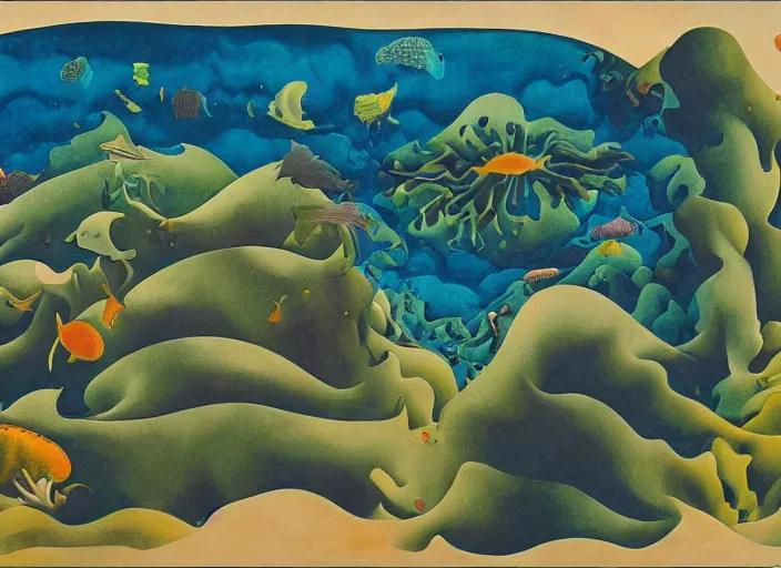 Image similar to an underwater landscape painted by, mc escher, gordon onslow ford, georgia o'keeffe and ippolito caffi,