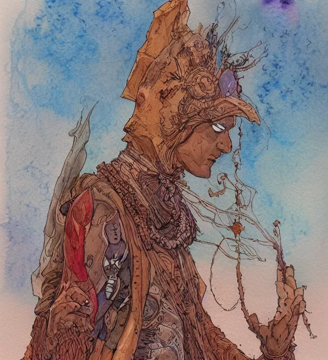 Prompt: a 3 / 4 view watercolor ink painting of an android shaman / wizard wandering desert bringing miracles in the style of jean giraud in the style of moebius trending on artstation deviantart pinterest detailed realistic hd 8 k high resolution