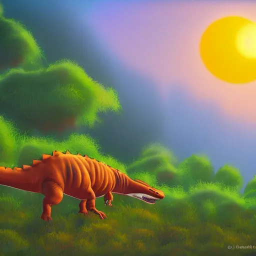 Prompt: dinosaur walking through shrubbery, over hills, misty, sunset, painting