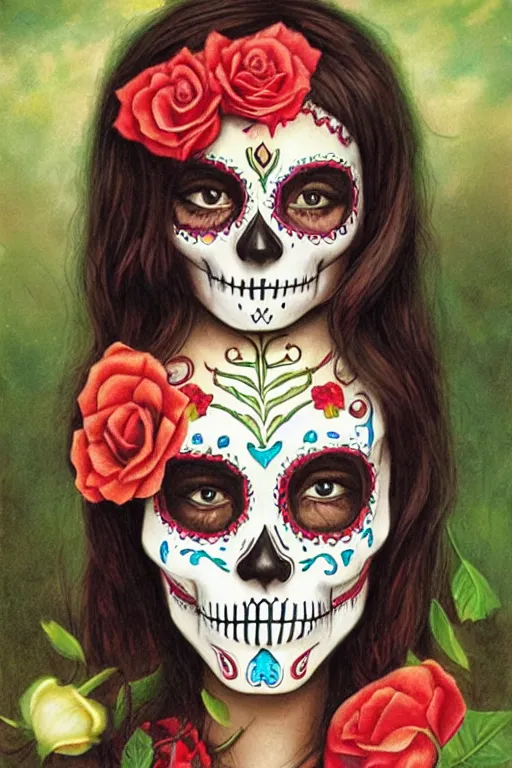 Image similar to Illustration of a sugar skull day of the dead girl, art by bob byerley