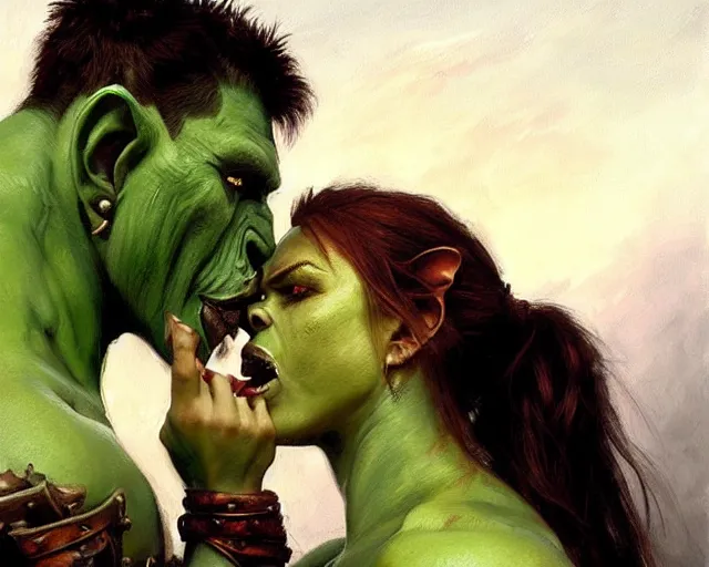 Prompt: romantic fantasy oil painting portrait of two female orc warriors kissing, wearing leather armor, their skin is green. fantasy art by greg rutkowski and john singer sargent