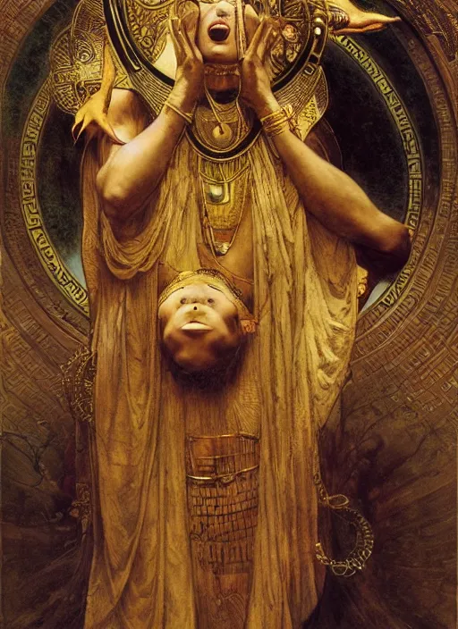 Prompt: hyper realistic painting of the ancient egyptian ganster, gold ornaments, flowing fabric, intrincate detail, detailed faces by wayne barlowe, gustav moreau, goward, gaston bussiere and roberto ferri, santiago caruso, and austin osman spare, ( ( ( ( occult art ) ) ) ) bouguereau, alphonse mucha, saturno butto