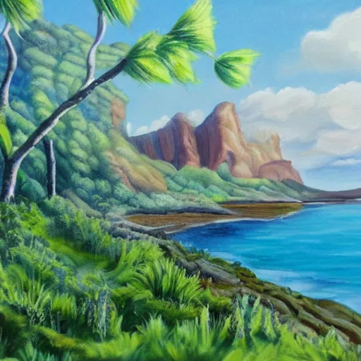 Image similar to painting of a lush natural scene on an alien planet by emma webster. beautiful landscape. weird vegetation. cliffs and water.