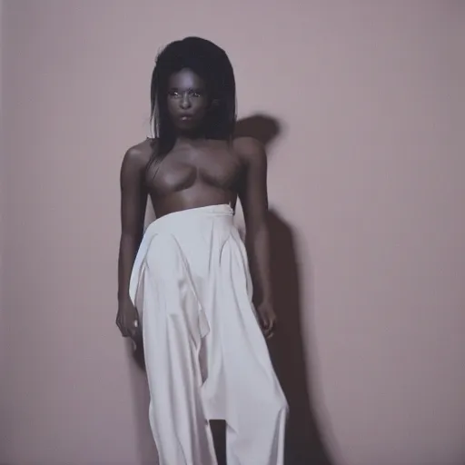 Image similar to realistic! photoshoot for a new maison margiela lookbook, color film photography, portrait of a beautiful woman, in style of tyler mitchell, 35mm