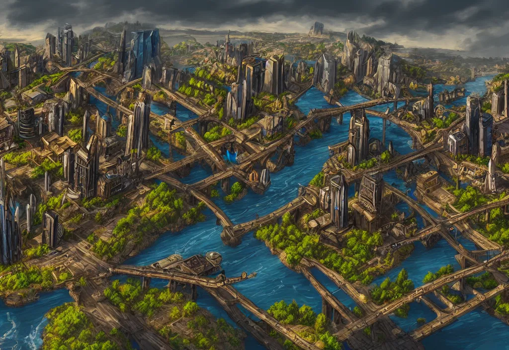 Image similar to wide shot, establishing shot of a modern day dungeons and dragons city with a river, trending on artstation, digital art, 4 k, 8 k