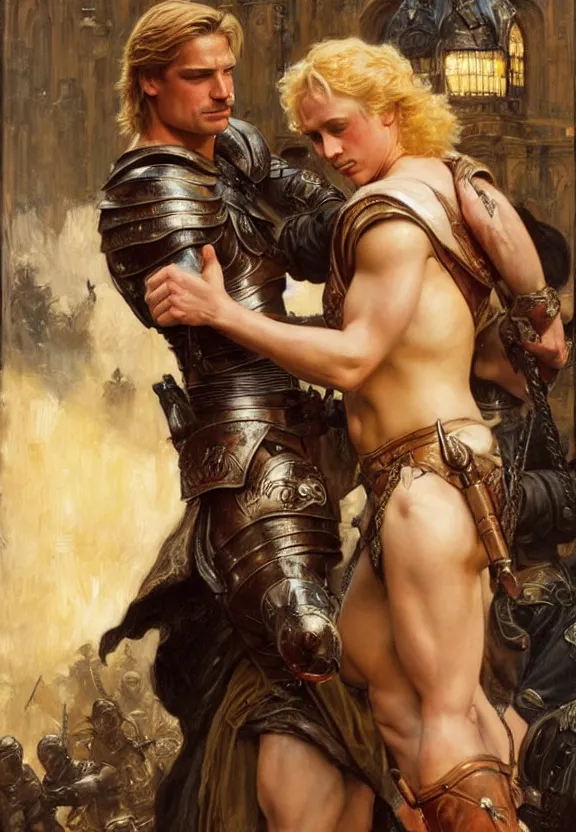 Prompt: attractive handsome muscly jaime lannister confesses his love for attractive fully armored brienne of tarth. highly detailed painting by gaston bussiere and j. c. leyendecker 8 k