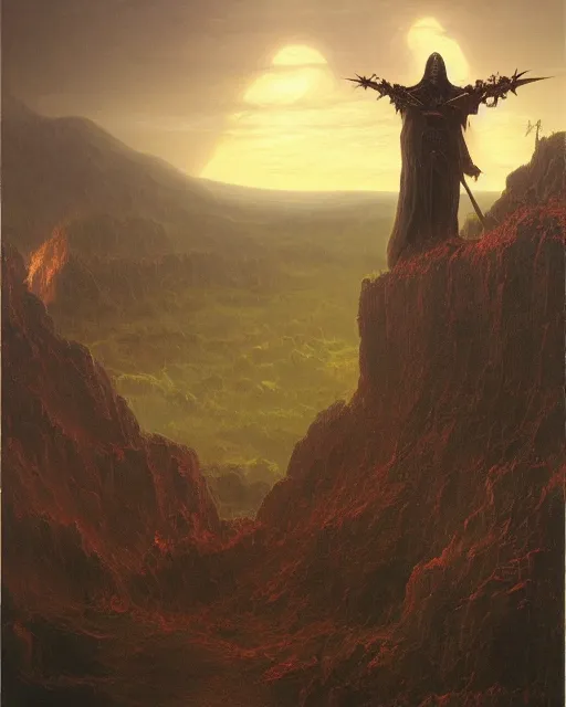 Prompt: the death knight, standing on a hill, by Thomas Cole and Wayne Barlowe