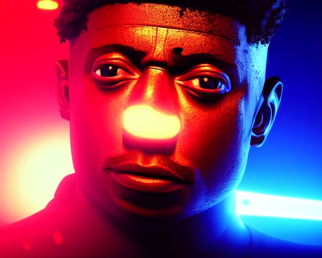 Image similar to 2 8 mm closeup portrait of 2 1 savage top fragging in his live action video game, pipes, wires, dramatic lighting, octane, blue lights, lens flare, industrial, dirty, trending on artstation, golden ratio, h. r. giger, mist, action, volumetric lighting