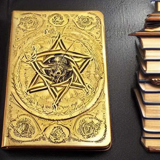 Image similar to occult spellbook, detailed, 4k, gold embossed on black pages