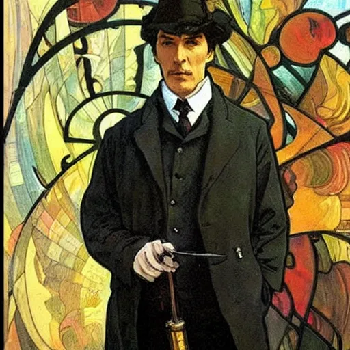 Image similar to sherlock holmes, modern, brush strokes, oil painting, alphonse mucha