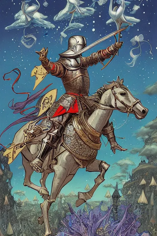 Image similar to medieval knight riding a horse in a magic kingdom pointing into the sky, shiny armor, colorful forest with flying faires, wizards and magic mushrooms in the background, illustrated by james jean, very detailed, comicbook cover