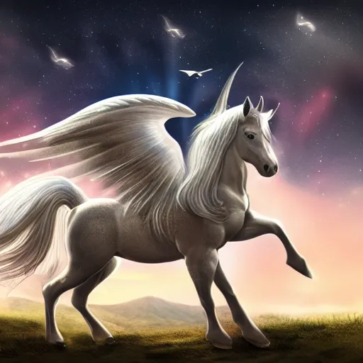 Prompt: a majestic mythical Pegasus in a stable, looking towards the night sky, 4k